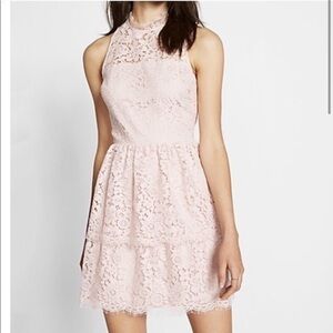Express pink Tiered Lace Fit & Flare Dress